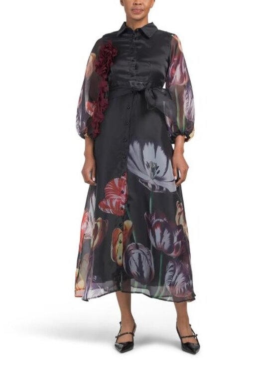 Dalia Macphee Dresses & Skirts - DALIA MACPHEE Long Sleeve Placed Floral Maxi Dress With 3d Embellishment